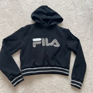 FILA Black Cropped Pullover Hoodie, Size Small